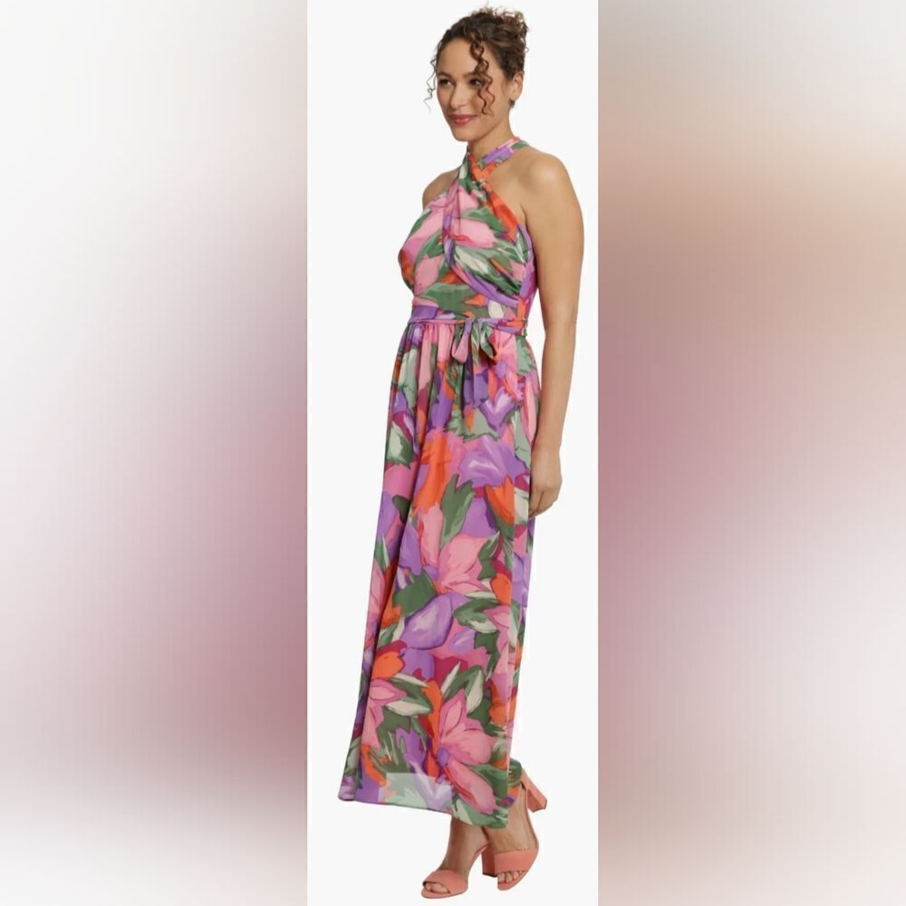 London Times Petites Wrap Halter Floral Print Maxi Dress NWT Size 14P